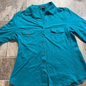 Sandra Ingrish Petites Teal Cotton Button Front Pocket Shirt Women LP